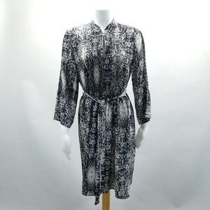 SW3 Bespoke Dress Women M Black White 100%‎ Silk Pleated Keyhole Mandarin Collar